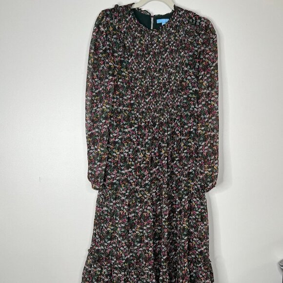 Draper James RSVP Green Floral Long Sleeve MAxi Dress with Ruffle Hem & Smocking - Picture 1 of 13